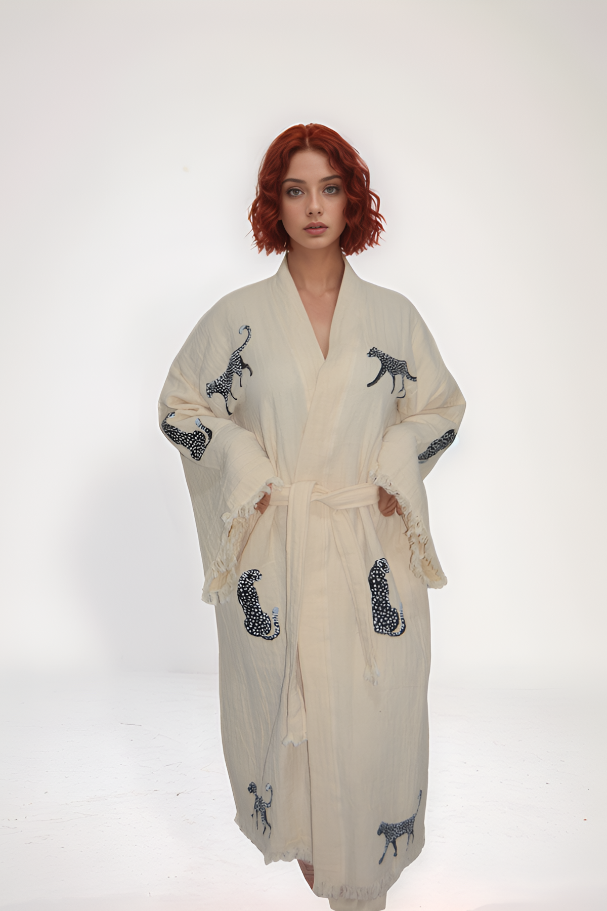 Light Muslin Kimono Bathrobe Peshtemal Black Leopard 