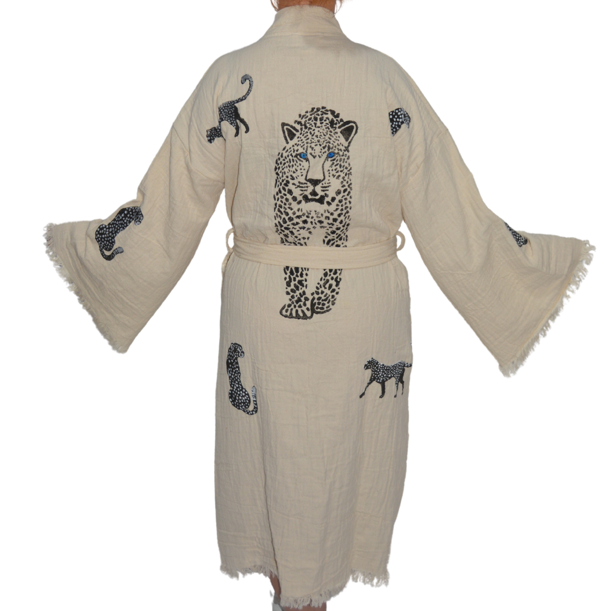 Light Muslin Kimono Bathrobe Peshtemal Black Leopard 